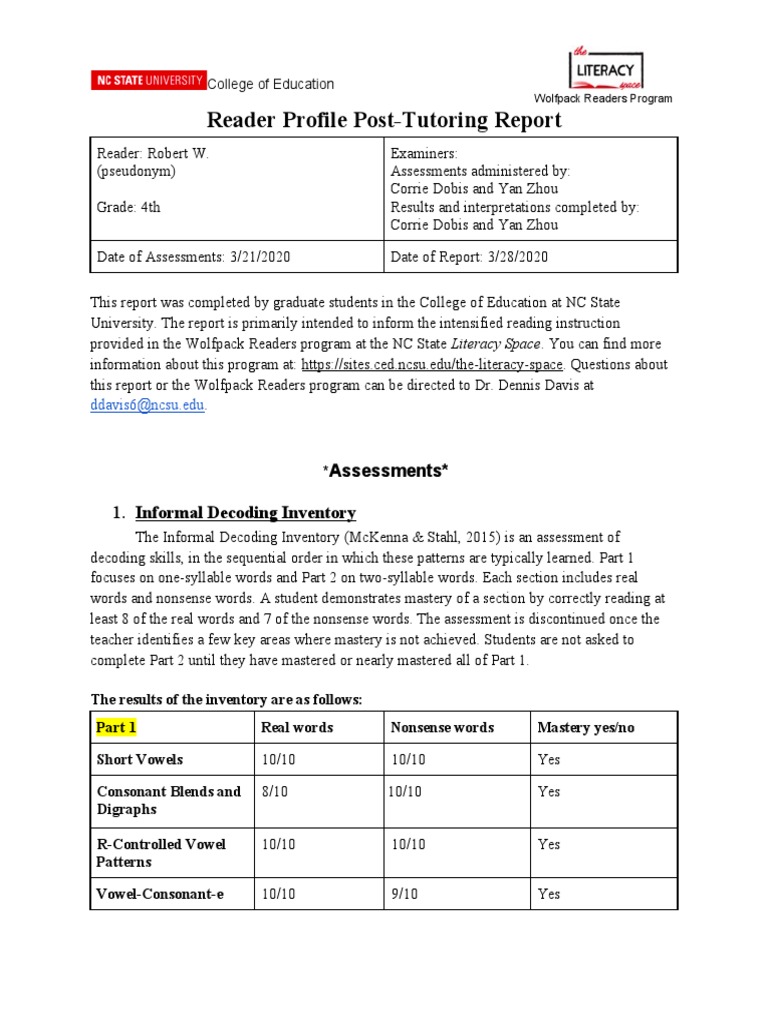 Robert W. Post-Tutoring Reading Report | PDF | Reading Comprehension ...