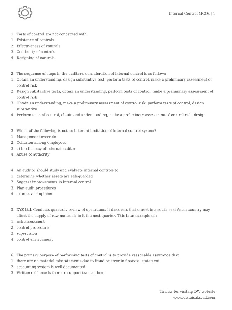 Internal Control MCQs and Answers | PDF | Internal Control | Internal Audit