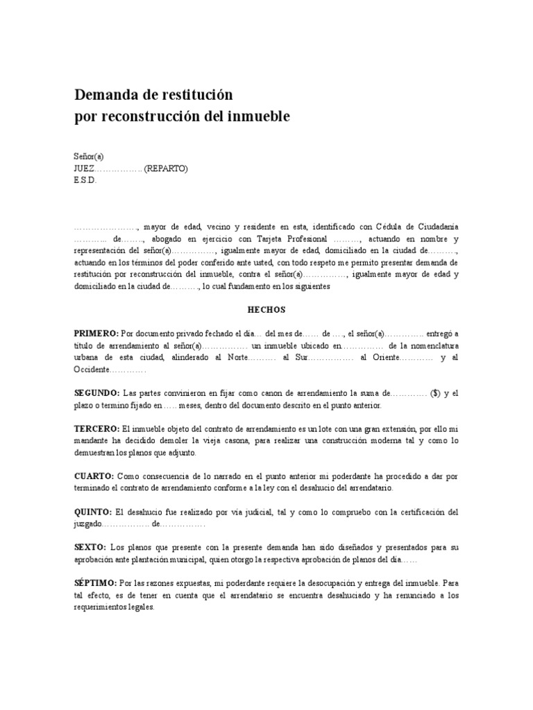 Demanda de Restitución Por Reconstrucción Del Inmueble | PDF | Desalojo ...