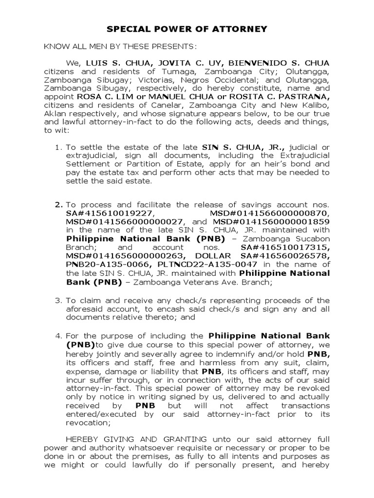 Special Power of Attorney Philippine National Bank (PNB) PDF Power