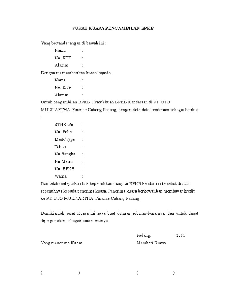 Surat Kuasa Pengambilan Bpkb