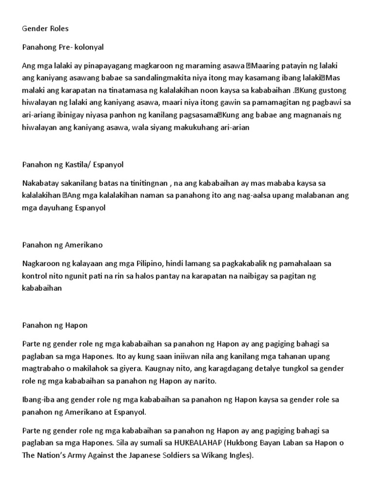 Gender Role Ng Mga Kalalakihan Sa Panahon Ng Amerikano