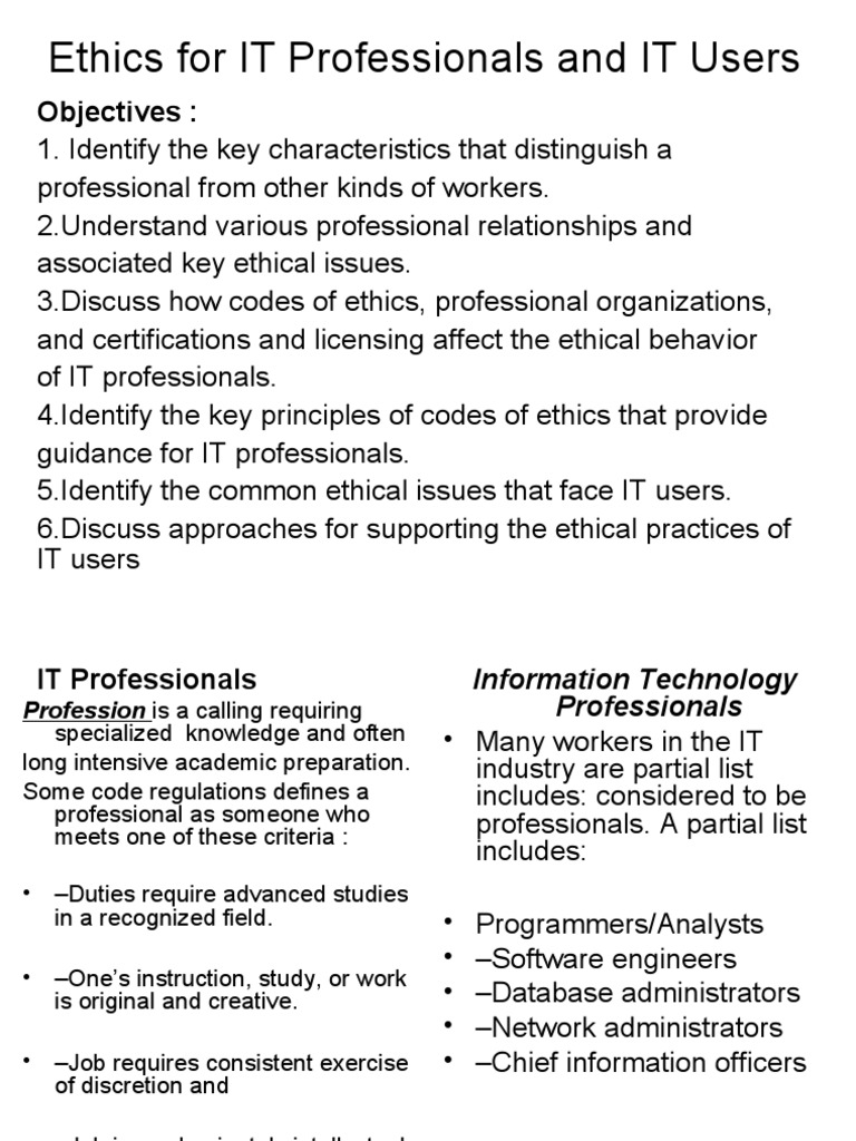 Ethics for IT Professionals and Users | PDF | Profession | System ...