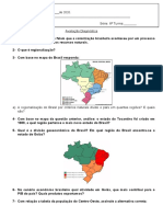 Avaliação Diagnóstica de Geografia sobre a Colonização Brasileira e a Regionalização do País