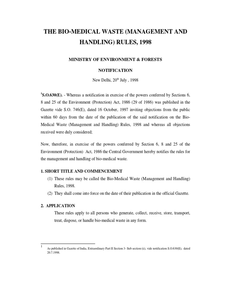 The BioMedical Waste (Management and Handling) Rules, 1998 Ministry
