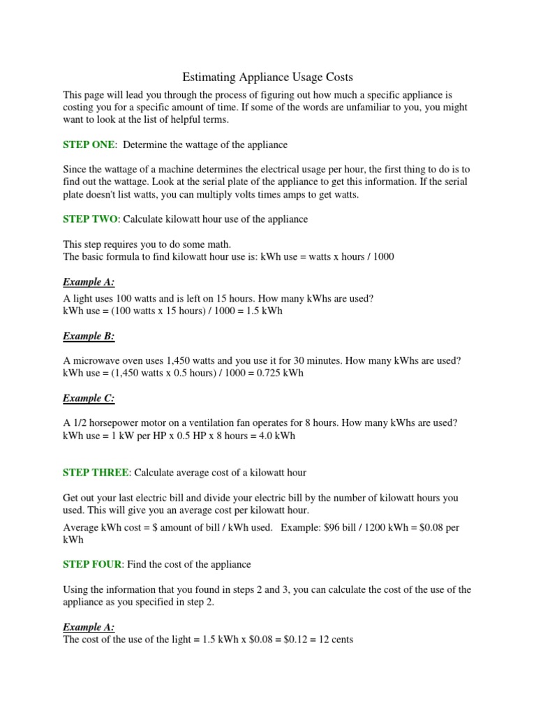 Estimating Appliance Usage Costs: Step One | PDF | Watt | Kilowatt Hour