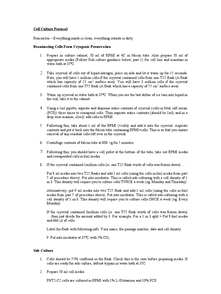 Cell Culture Protocol for Cryopreserved Cells | PDF | Growth Medium ...
