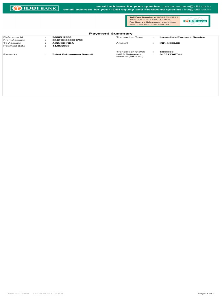 IMPS Payment Summary for Zakat | PDF | Business