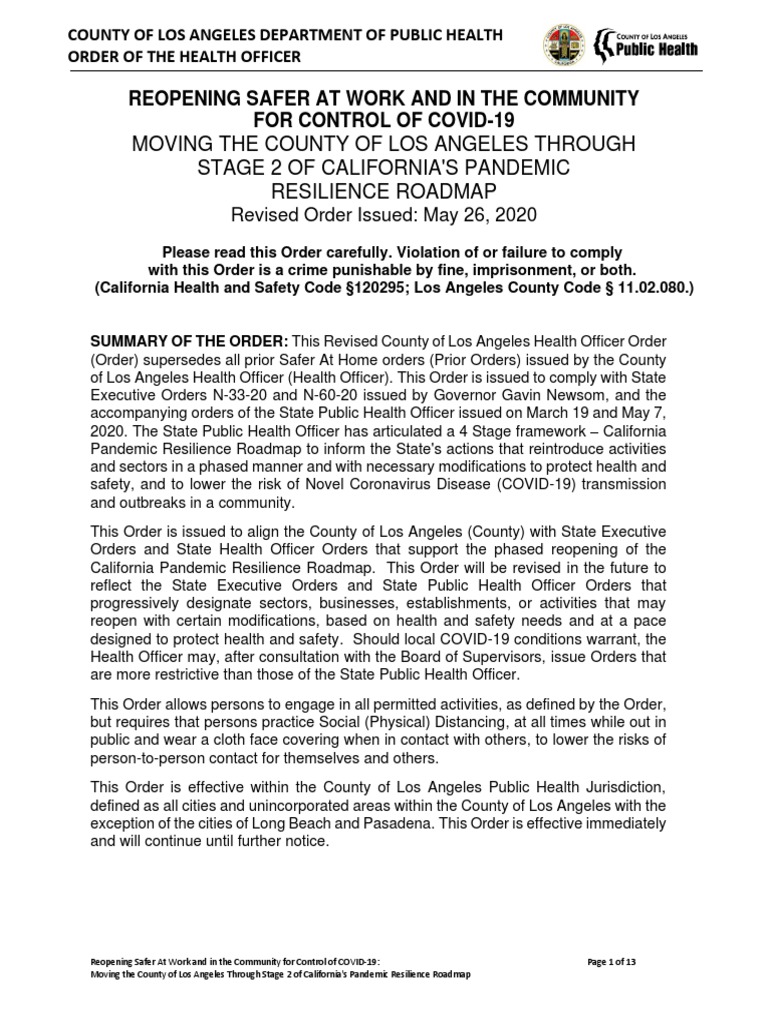 LA County Health Order Reopening Safer at Work and in The Community