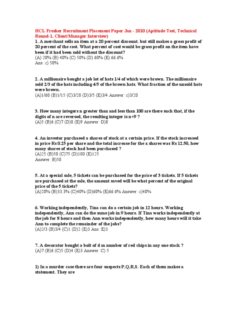 HCL Placement Questions | PDF | Software Engineering | Computer ...