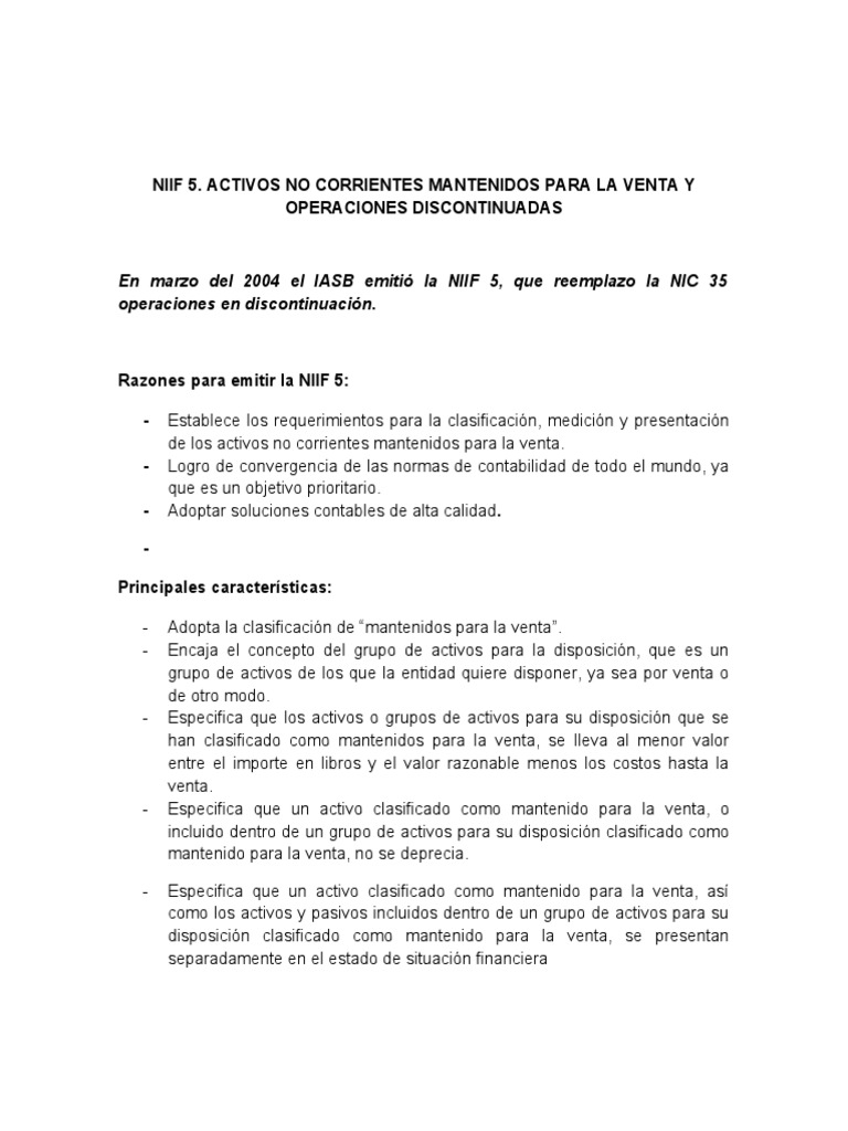 NIIF 5: Activos Mantenidos para Venta | PDF | normas internacionales de ...