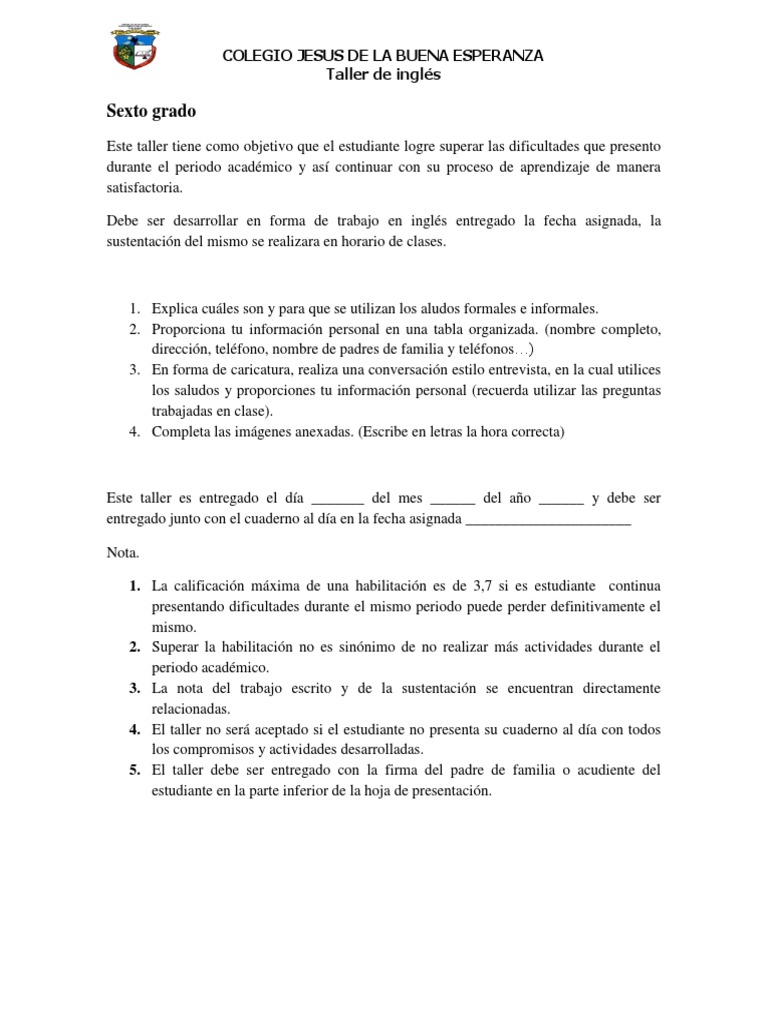 Taller de Inglés para Sexto Grado | PDF
