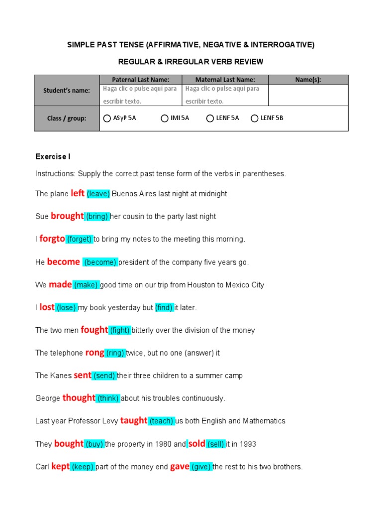 Simple Past Tense (Regular and Irregular Verbs) | PDF | Grammar ...