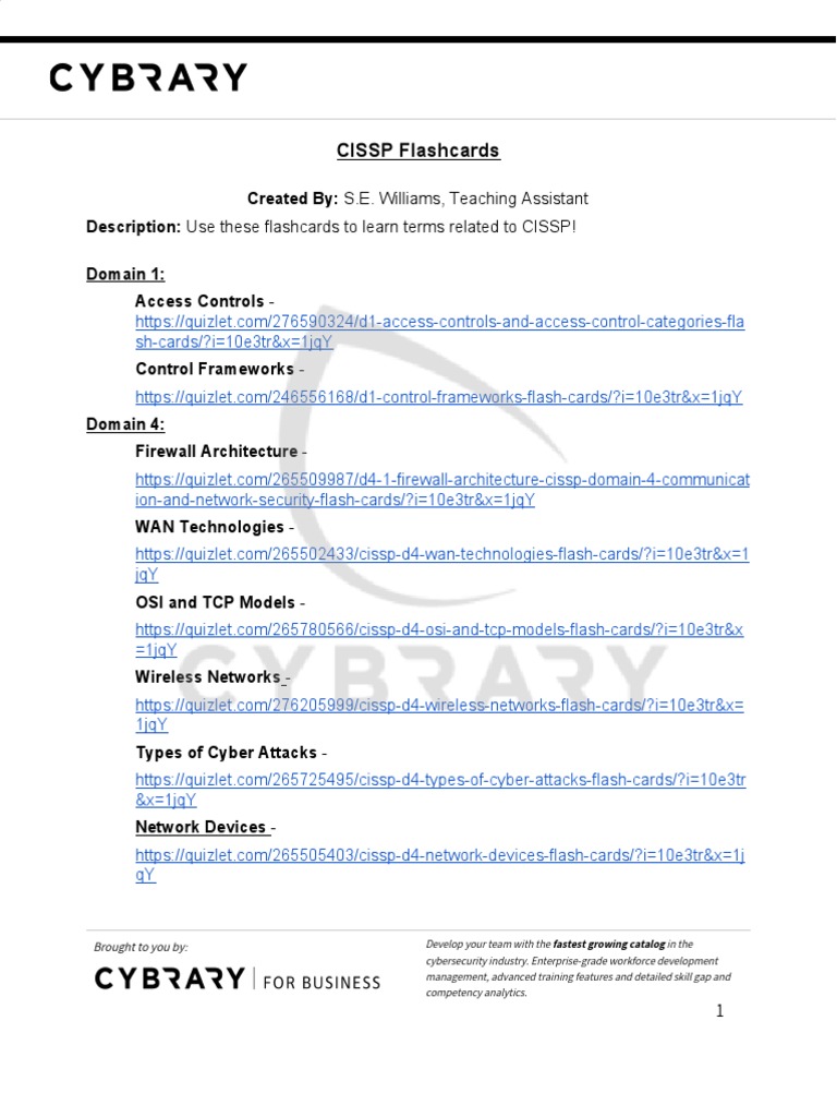 CISSP Flashcards S.E. Williams, Teaching Assistant Use These