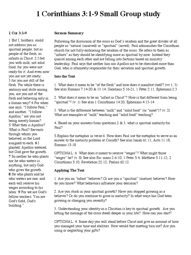1 Corinthians 3-1-9 Small Group Study - 2 | PDF | First Epistle To The ...