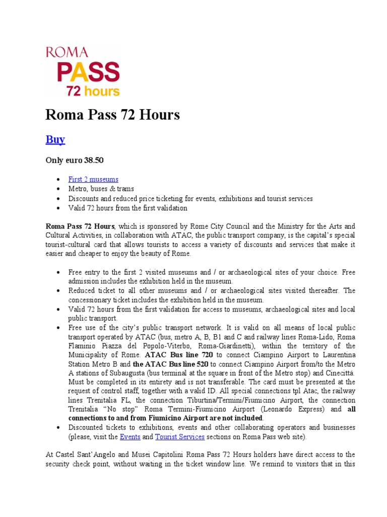 Roma Pass 72 Hours | PDF | Rome | Public Transport