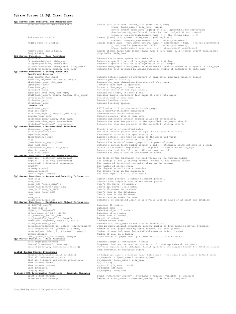 SQL Cheatsheet | PDF | Database Index | Integer (Computer Science)