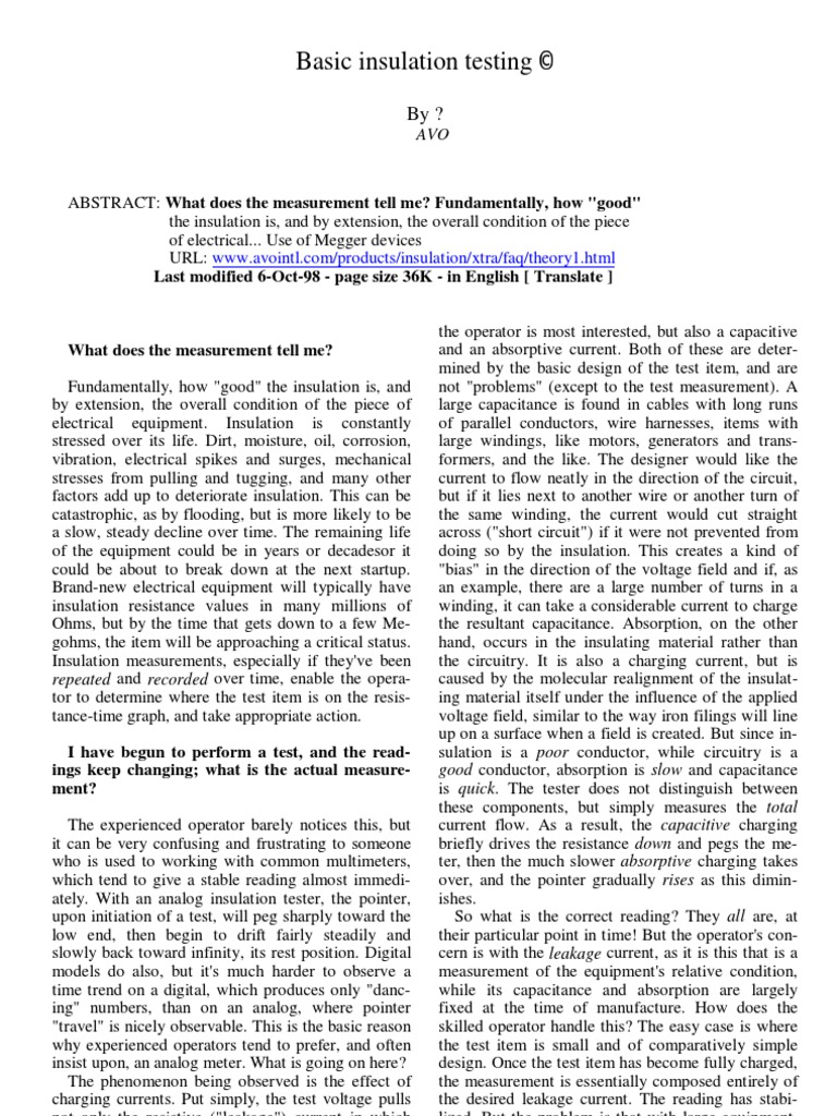 Theory Megger Basic Insulation Testing | PDF | Insulator (Electricity ...