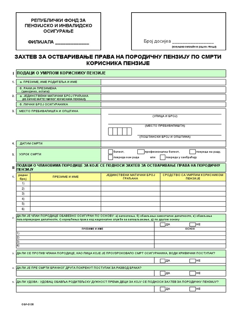 OBR-0138 Zahtev Za Ostvarivanje Prava Na Porodinu Penziju Po Smrti ...