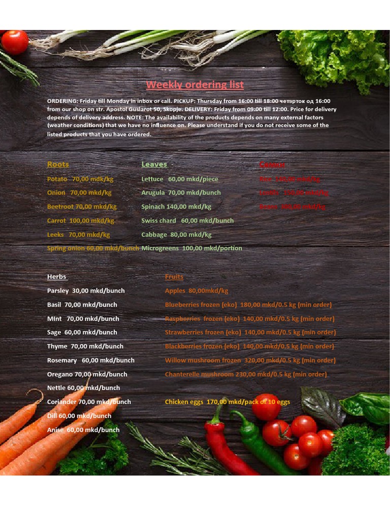 Weekly Ordering List for Fresh Produce | PDF