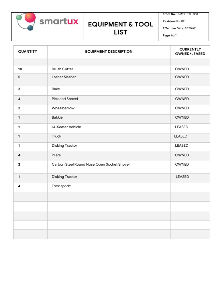 Equipment Tool List PDF