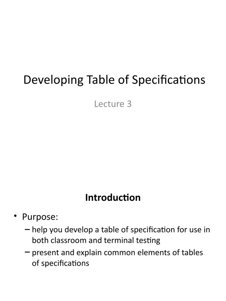 2016 01 05 Table of Specifications PDF Validity (Statistics) Fat