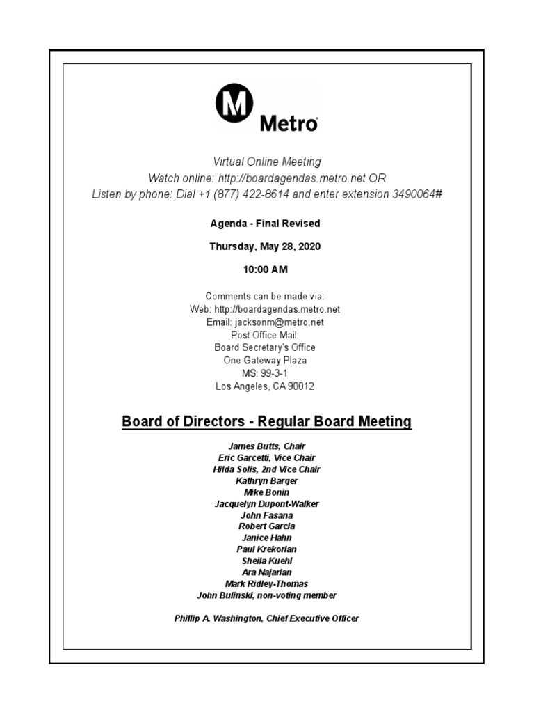 Metro Board Meeting May 2020 Pdf Agenda Meeting Board Of Directors