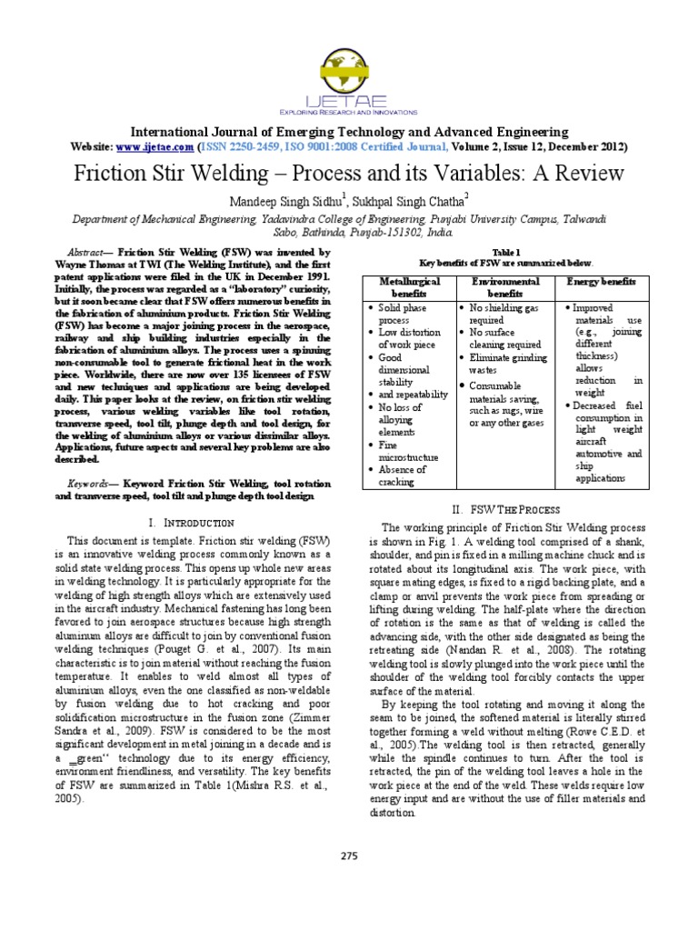 Friction Stir Welding - Process and Its Variables: A Review | PDF ...