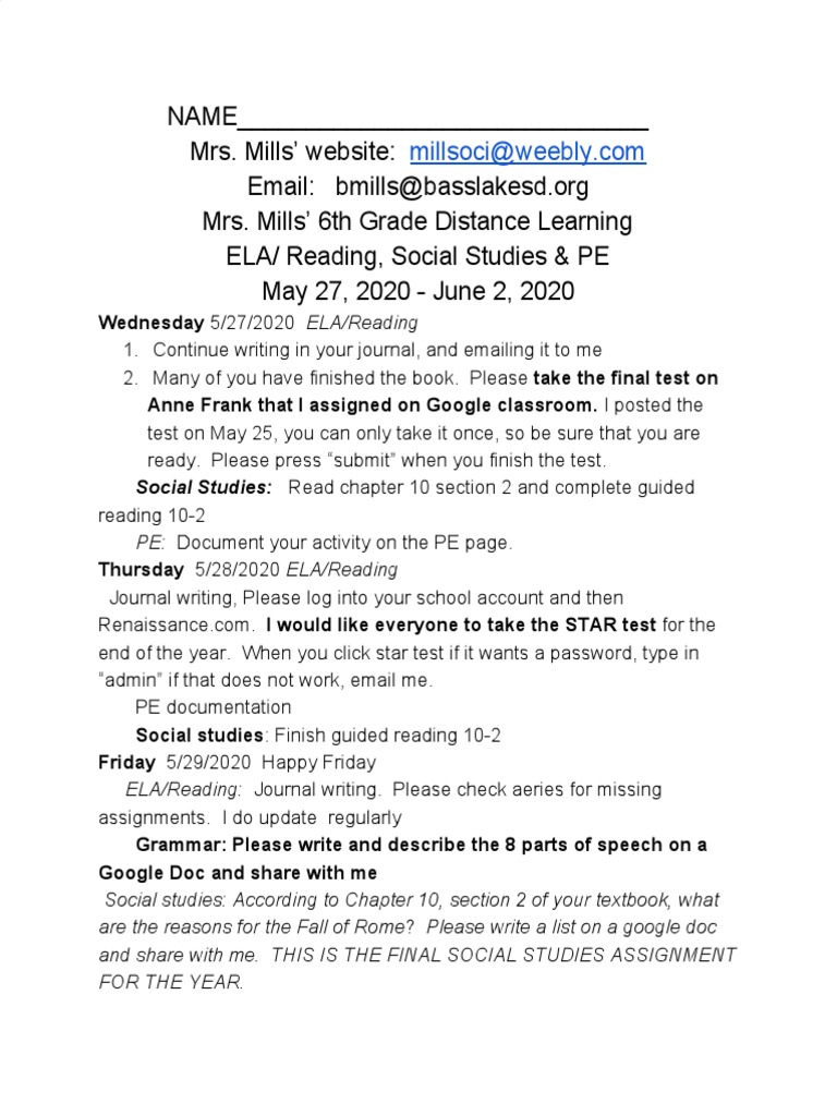 Distance Learning Plans 5 27 To 6 3 | PDF