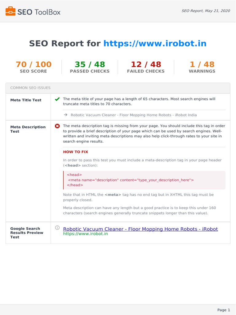 Seositecheckup Report For WWW Irobot.in On 2020 05 21 18 07 17 PDF