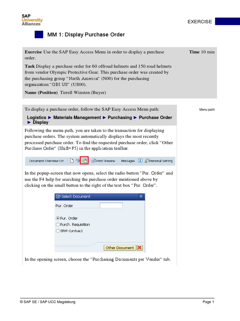 MM 1: Display Purchase Order: Exercise Use The SAP Easy Access Menu in ...