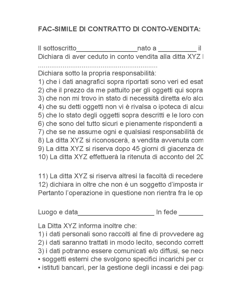 Fac Simile Contratto Di Conto Vendita PDF