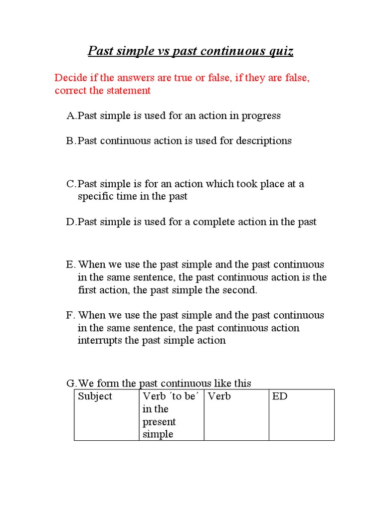 Past Simple Vs Past Continuous Quiz: Decide If The Answers Are True or ...