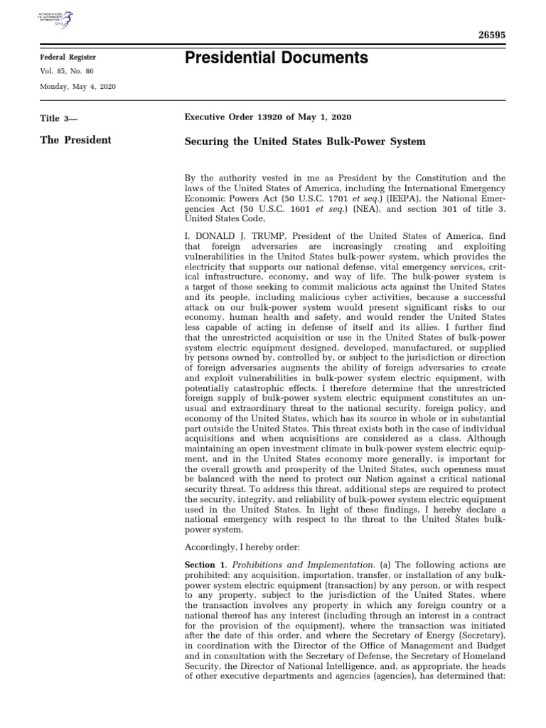 President Trump Executive Order Securing The United States BulkPower