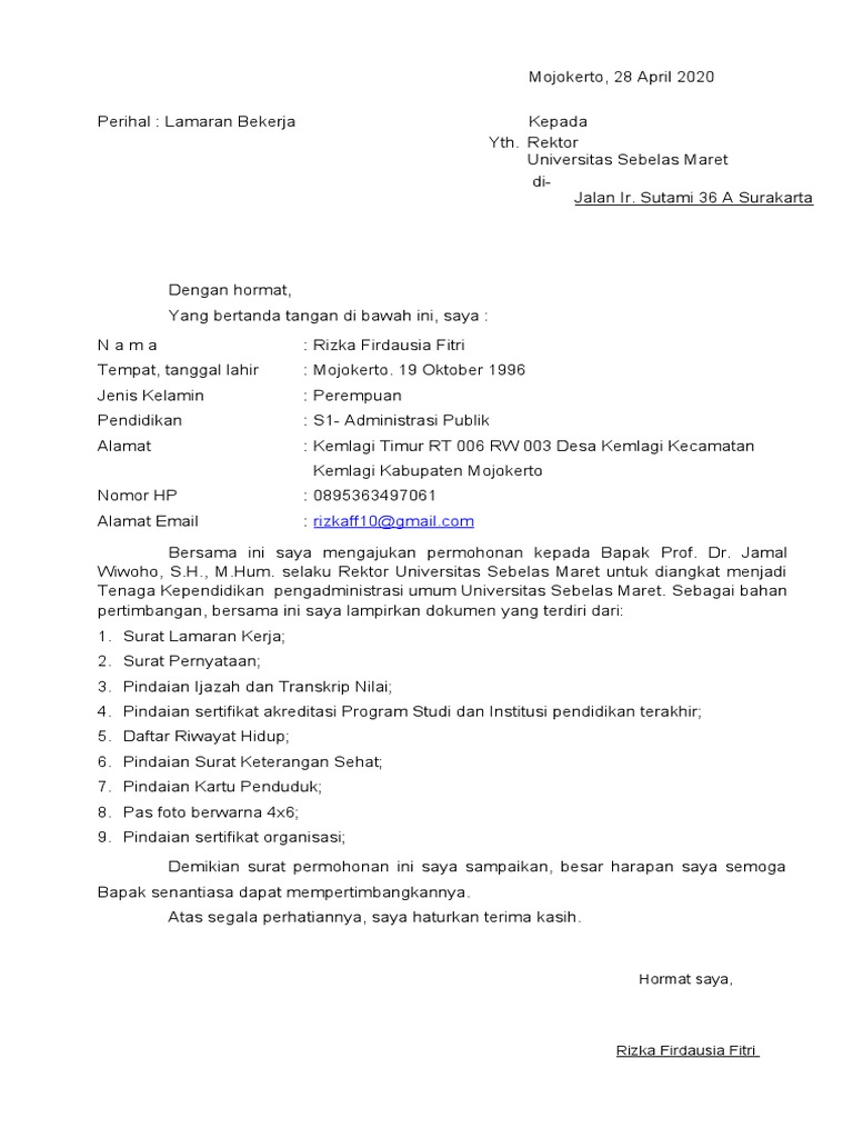 Surat Lamaran UNS | PDF