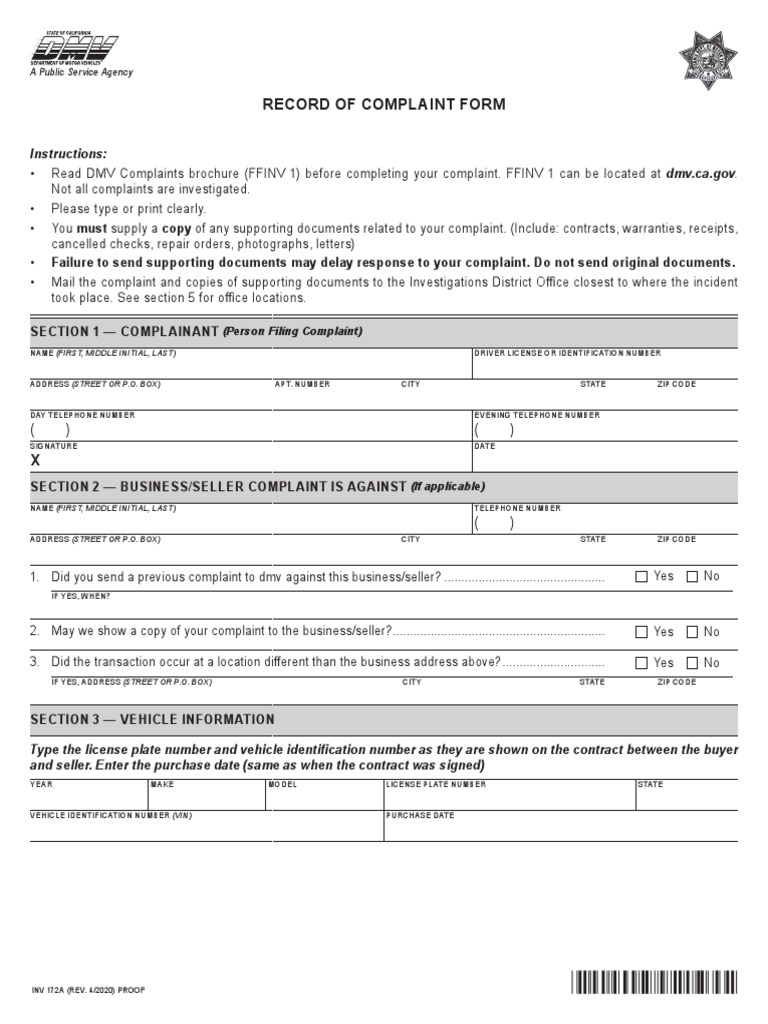 Record of Complaint Form INV172A PDF Department Of Motor Vehicles