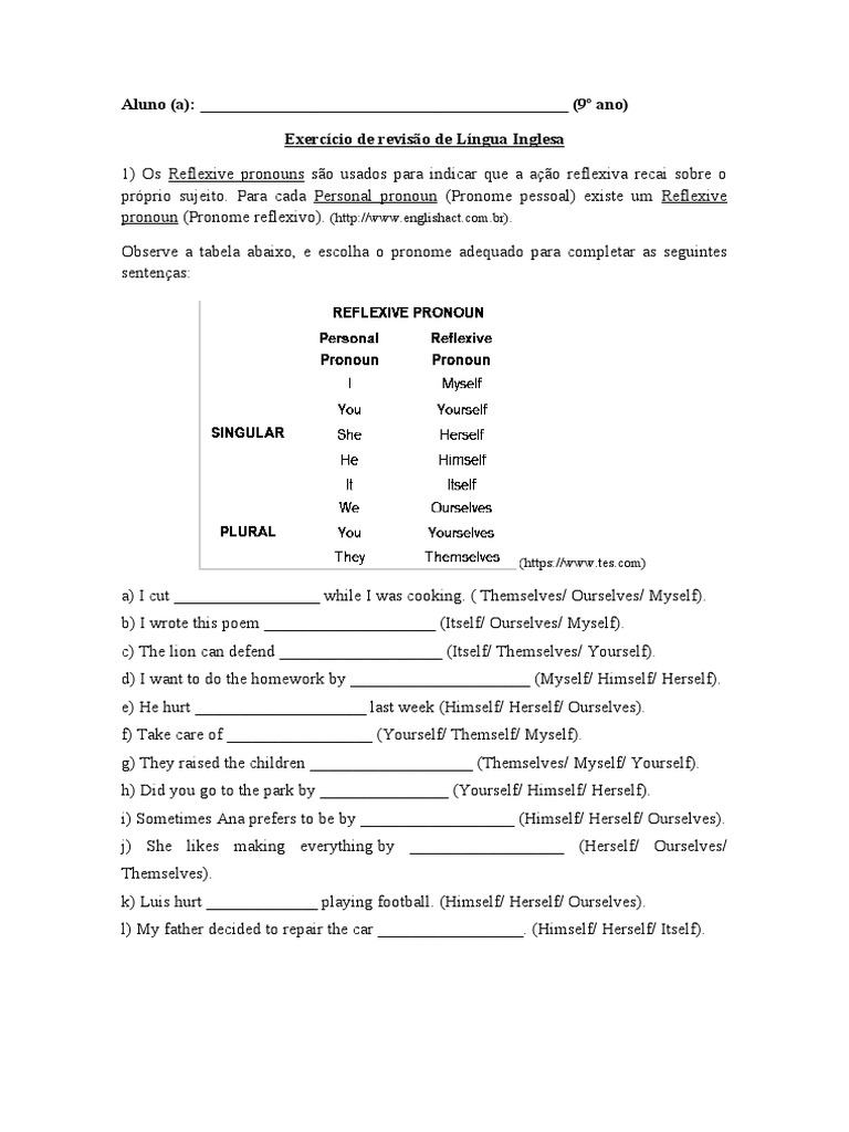 Reflexive Pronouns Exercise for 9th Grade | PDF