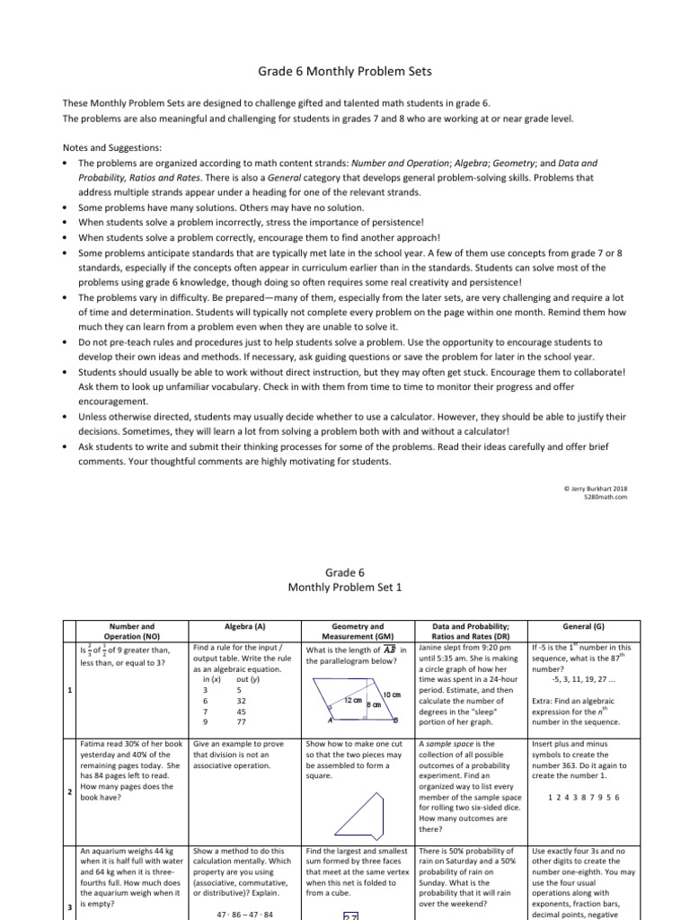 5280 Grade 6 Monthly Problem Sets PDF | PDF | Fraction (Mathematics) | Area