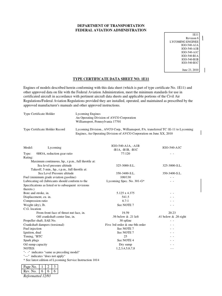 Type Certificate Data Sheet 1E11 | PDF | Fuel Injection | Ignition System