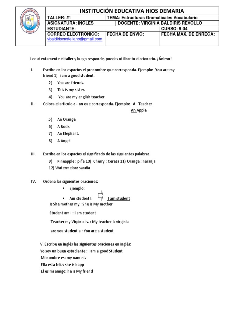 Taller de Gramática y Vocabulario en Inglés | PDF | Artes del Lenguaje ...
