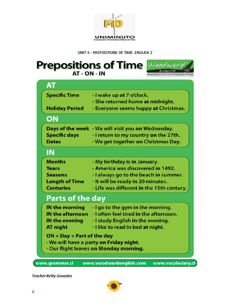 Unit 3 - Prepositions of Time. English 2: Teacher:Ketty Gonzalez | PDF