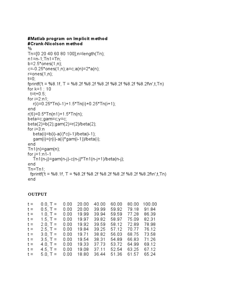 Crank-Nicolson Implicit Solver in Matlab | PDF