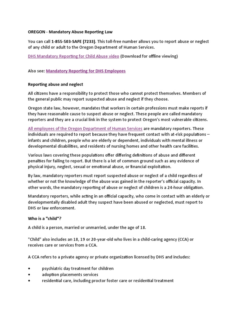 Oregon Mandatory Abuse Reporting Law PDF Medicine Social
