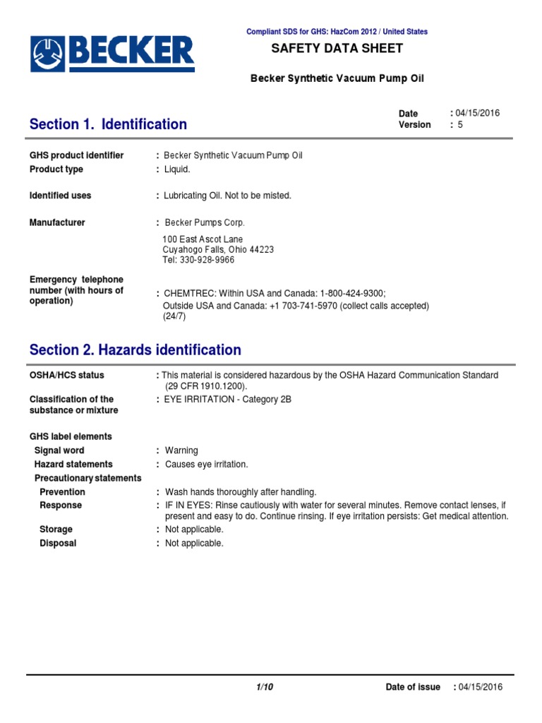 Safety Data Sheet for Becker Synthetic Vacuum Pump Oil PDF Toxicity