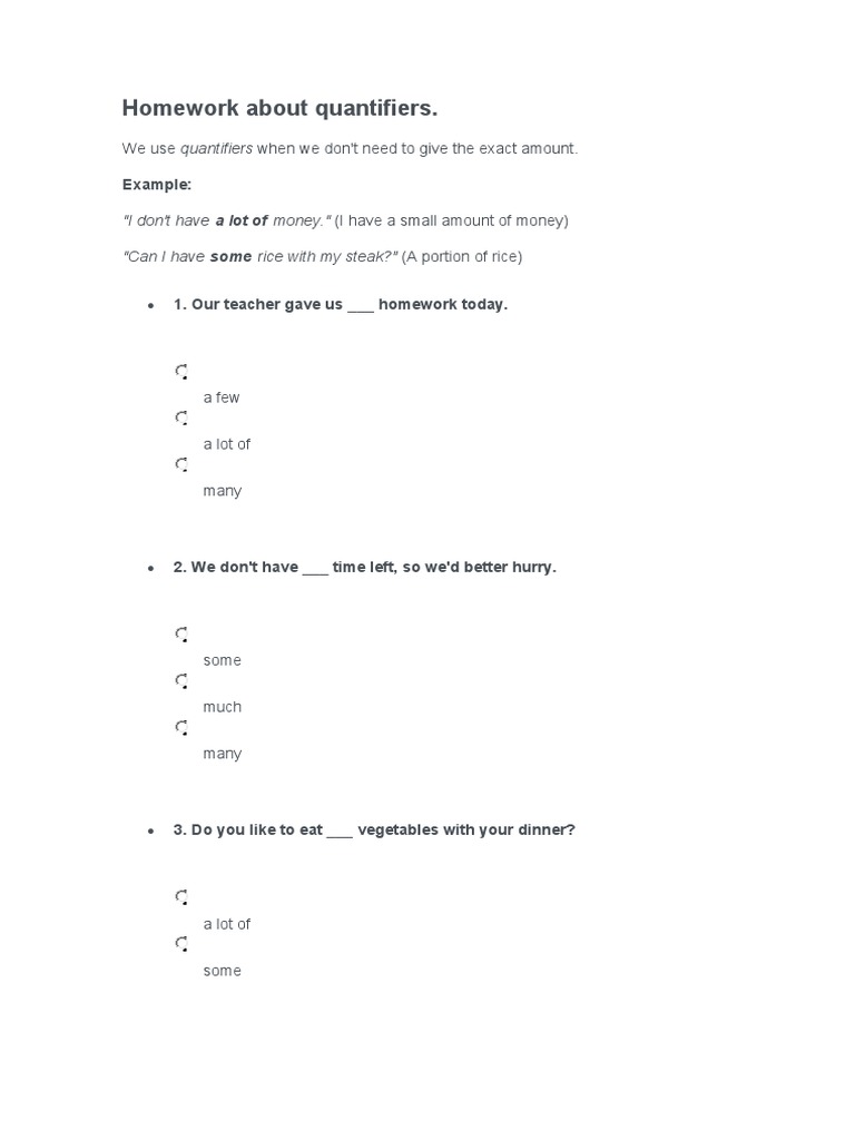 Homework on Quantifiers Usage | PDF