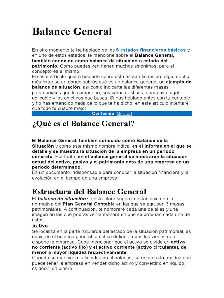 Balance General | PDF | Hoja de balance | Contabilidad financiera