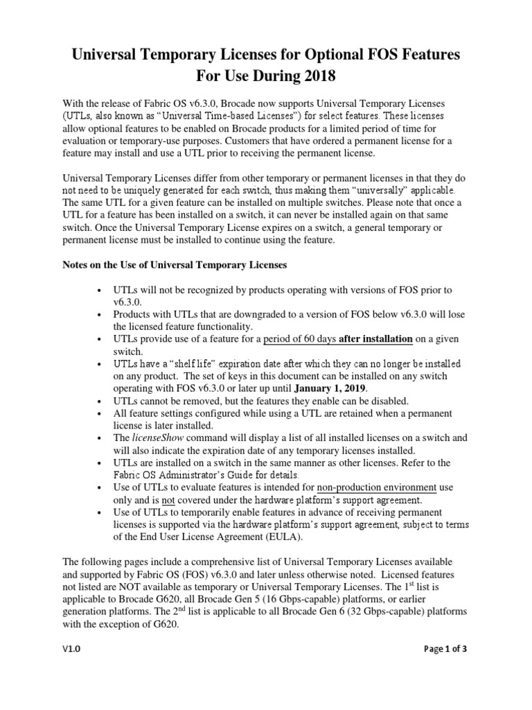 Universal Temporary Licenses For Optional FOS Features For Use During ...