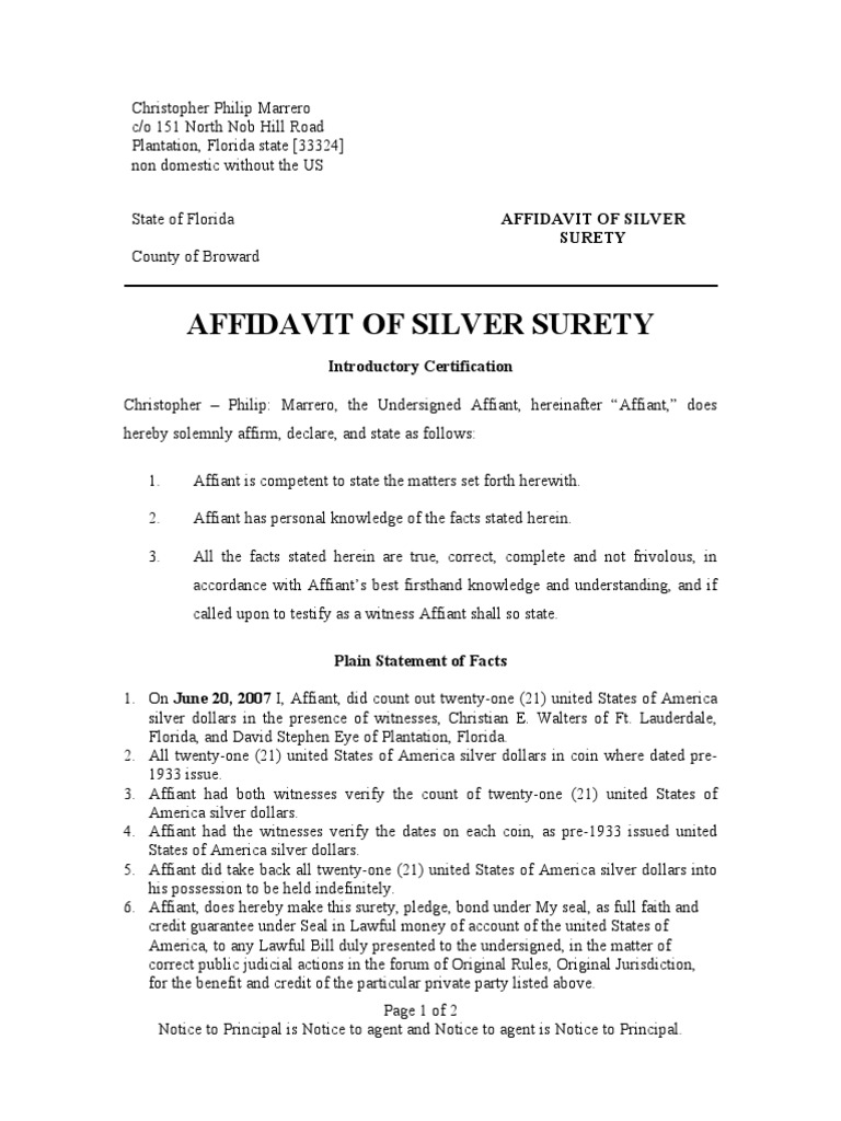 Affidavit Notarized for 21 Silver Dollars Surety Bond 2 Affidavit