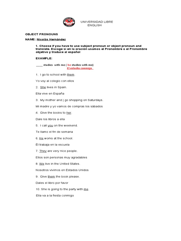 Taller Object Pronoun | PDF | Artes del Lenguaje y Comunicación