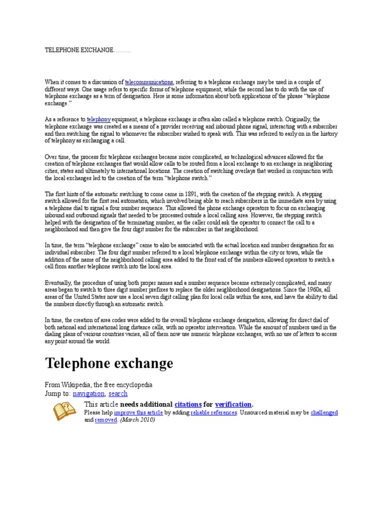 Telephone Exchange PDF Telephone Exchange Telephone